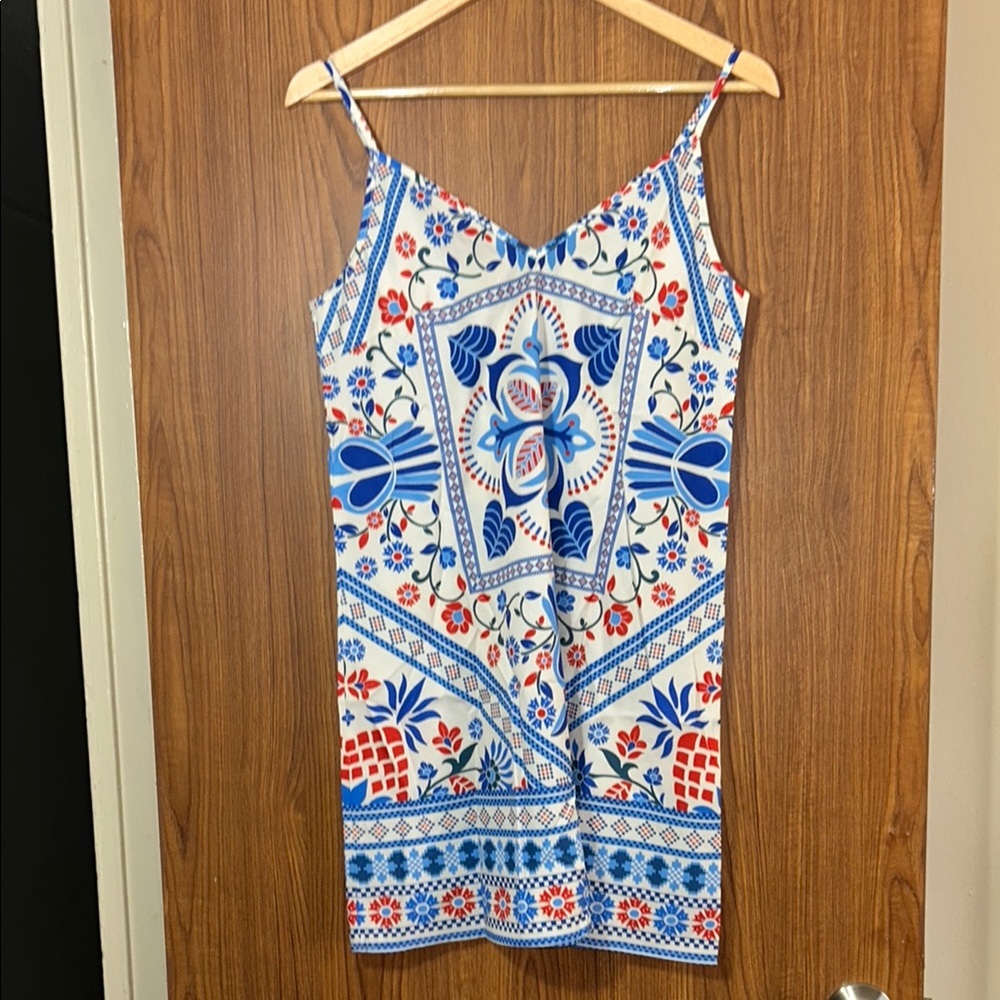 SHEIN Blue and White Mini Sundress with Spaghetti Straps